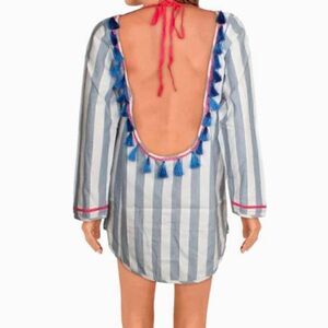 Soleil Open Back Tassel Striped Long Sleeve Mini Dress Size medium